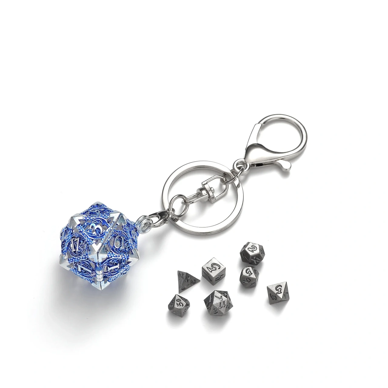 Mini Metal Dice Set Keychain Blue