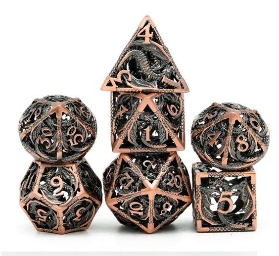 A Role Playing Dice Set Metallic - Hollow Metal DND Dice (Flying Dragon) Koppar