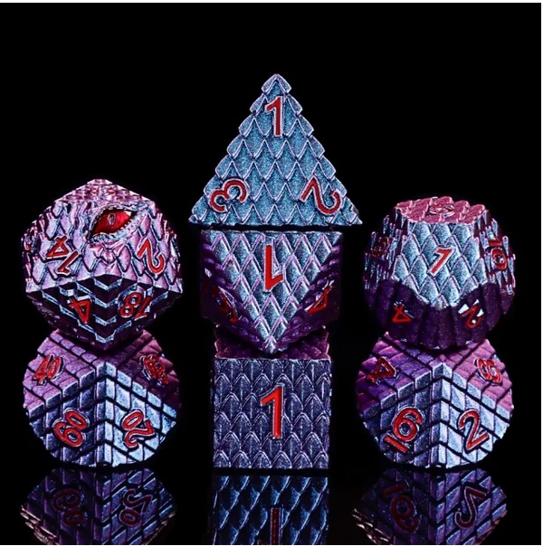 A Role Playing Dice Set Metallic - Dragon Scale Blue & Purple Shimmering(red font)