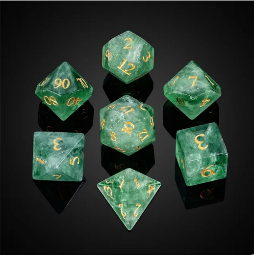 A Role Playing Dice Set - Amethyst Fluorite Crystal Gemstone Dice With leather Hexagon Box