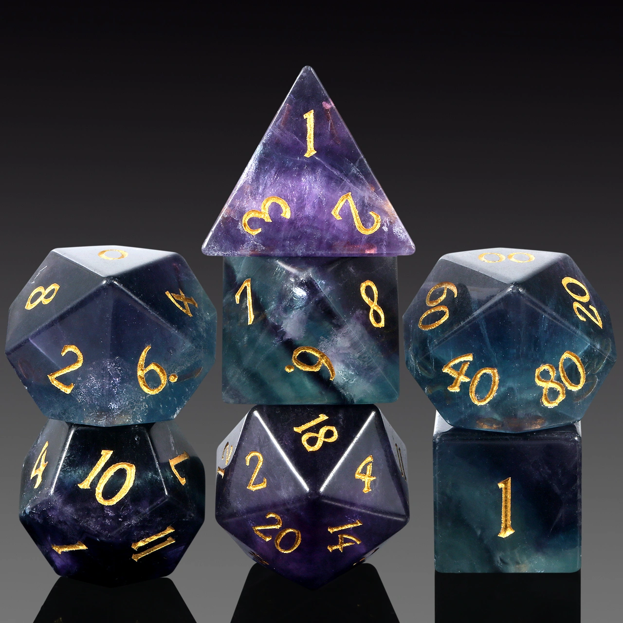 A Role Playing Dice Set - Obsidian Fluorite  Gemstone Stone Dice
