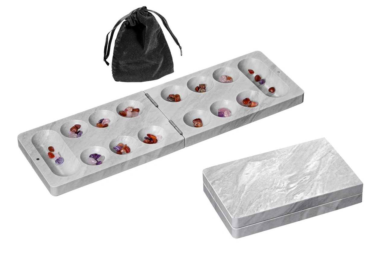Kalaha / Mancala, foldable, marble design, travel game (3141)
