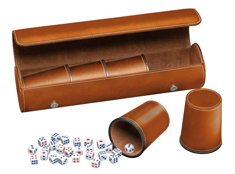 Synthetic leather dice cup set of 5 with case incl. 25 dice, brown (7996)