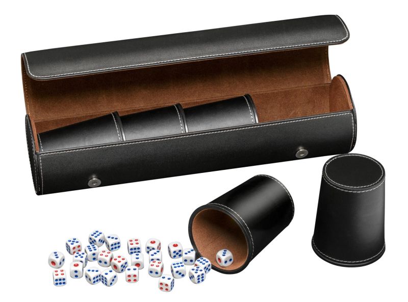 Synthetic leather dice cup set of 5 with case incl. 25 dice, black (7995)