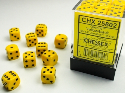 Gul med svarta prickar Tärningar 12 mm D6 (36 st) Chessex Opaque (CHX 25802)