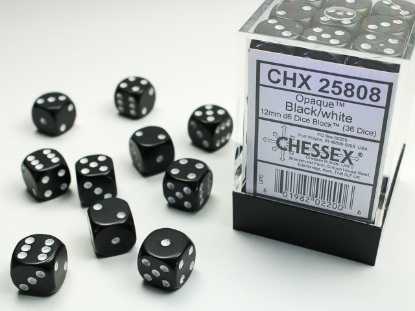 Svart med vita prickar Tärningar 12 mm D6 (36 st) Chessex Opaque (CHX 25808)