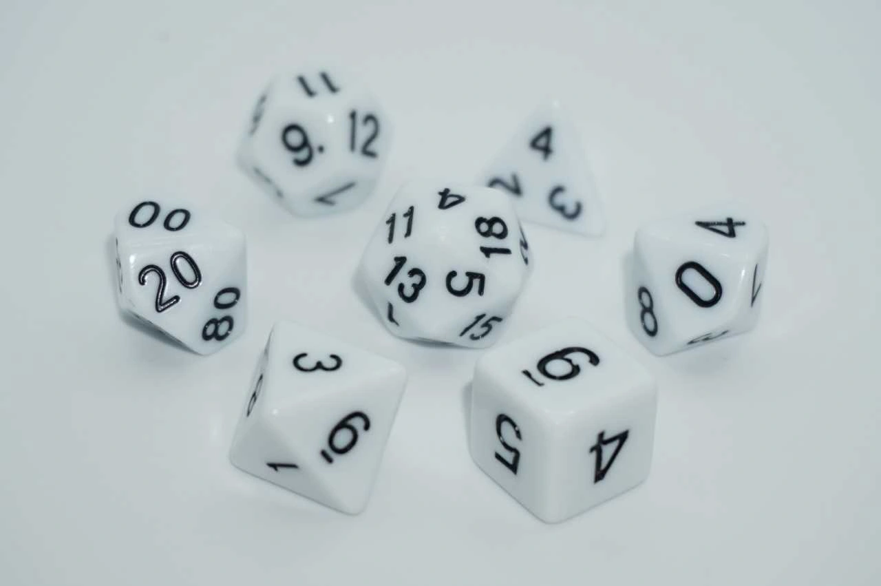 A Role Playing Dice Set: White with black numbers