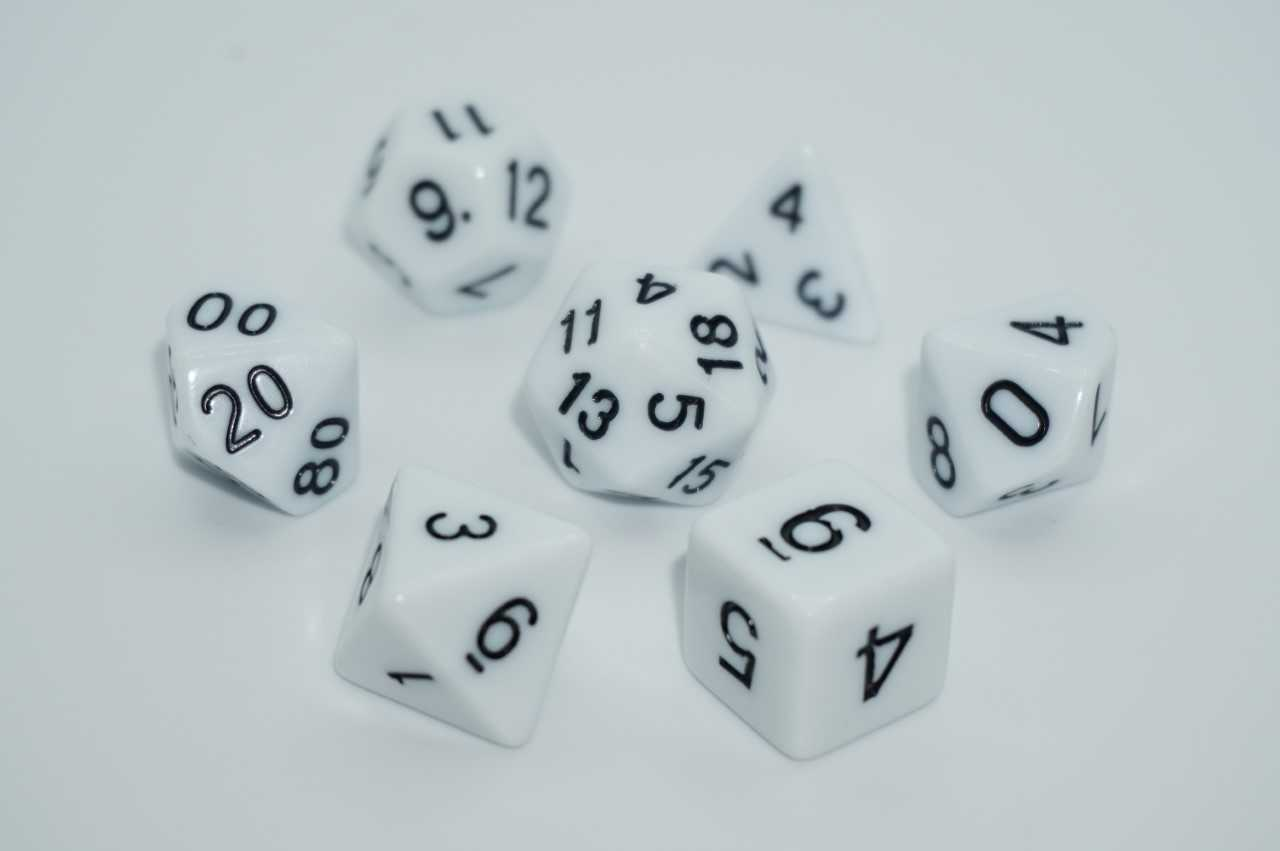 A Role Playing Dice Set: White with black numbers